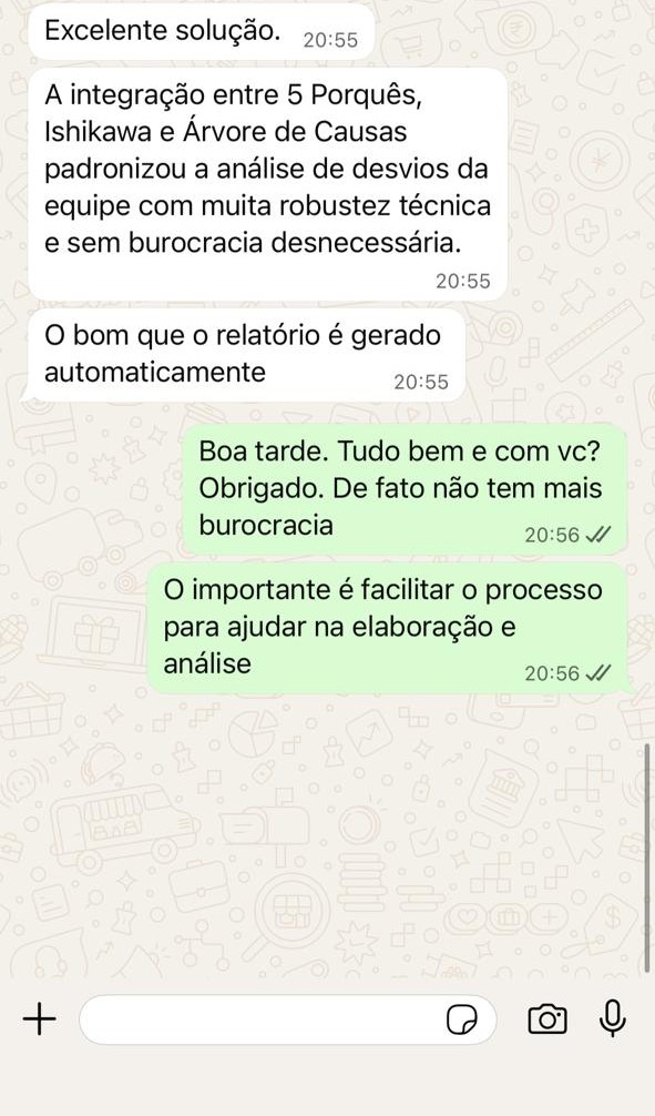 Mensagem de usuário sobre a integração entre 5 Porquês, Ishikawa e Árvore de Causas e o relatório automático