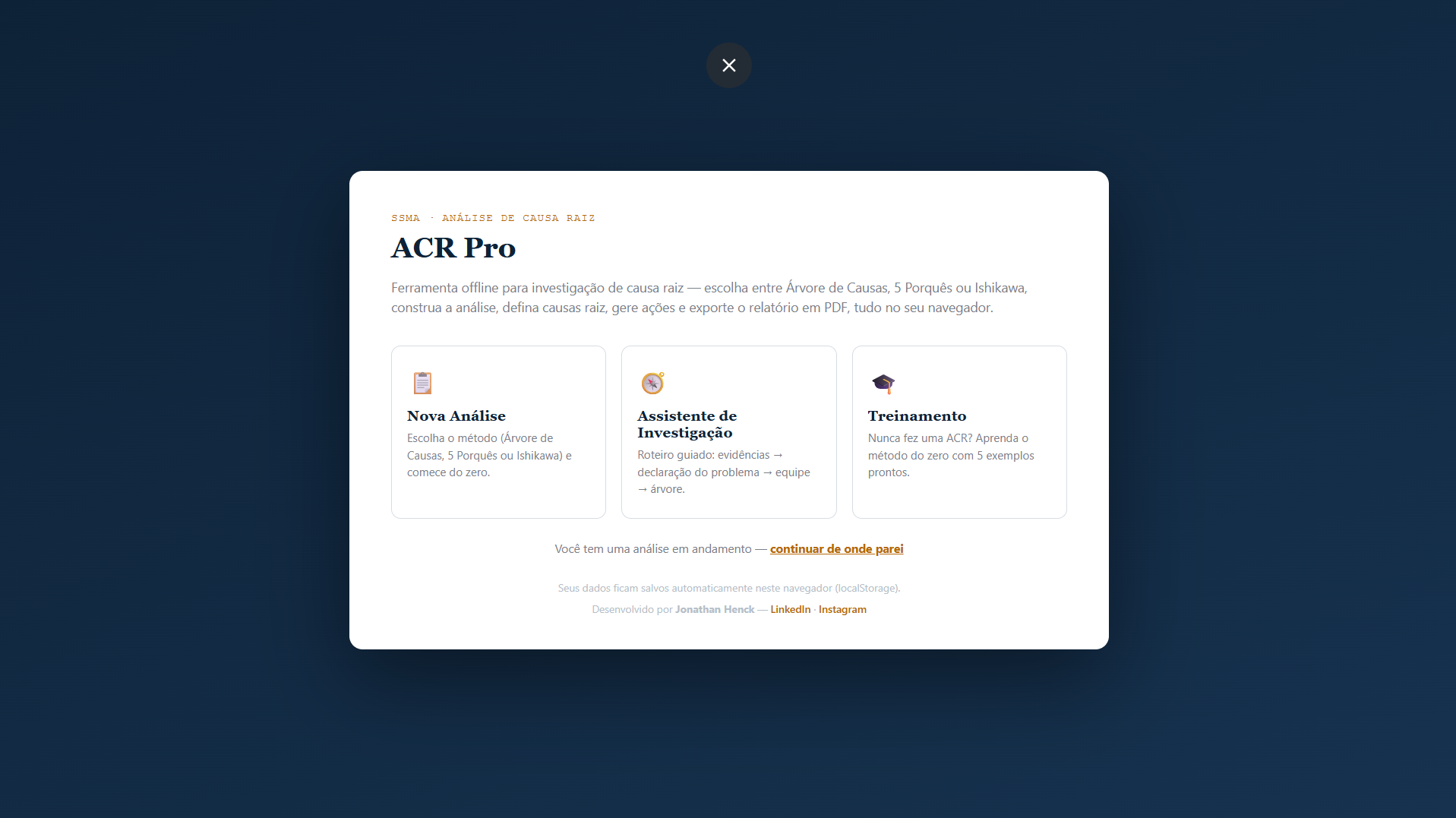 Tela inicial do ACR Pro com as opções Nova Análise, Assistente de Investigação e Treinamento