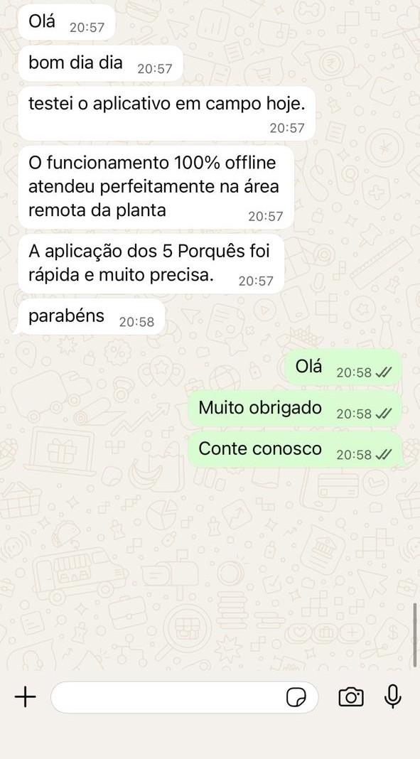 Mensagem de usuário sobre o funcionamento offline em área remota e a aplicação dos 5 Porquês