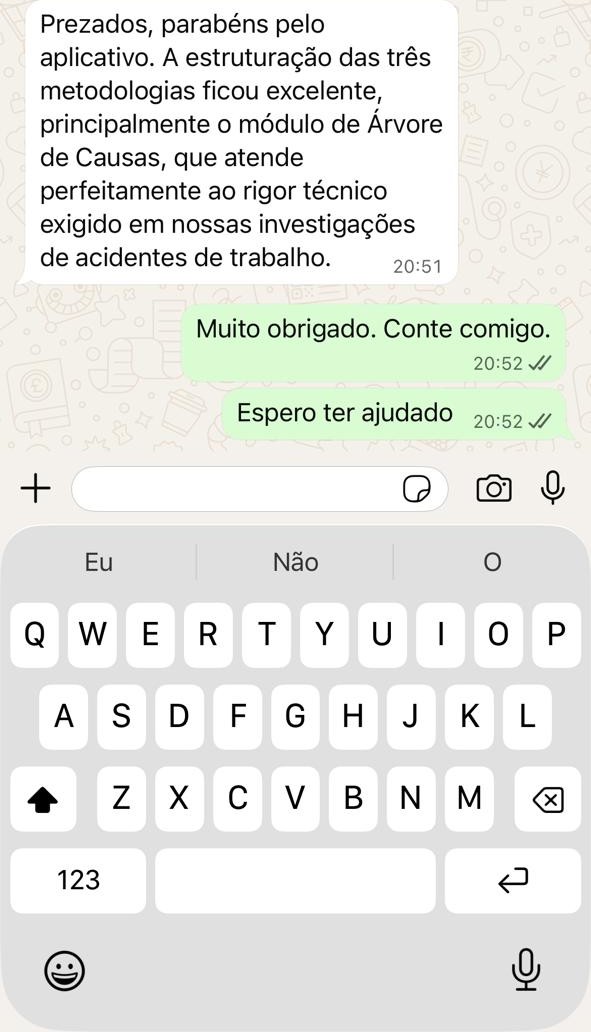 Mensagem de usuário elogiando a estruturação das três metodologias e o módulo de Árvore de Causas
