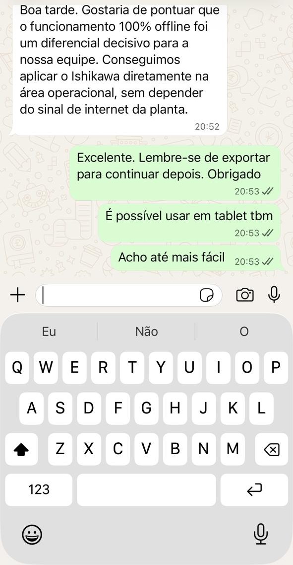 Mensagem de usuário sobre aplicar o Ishikawa na área operacional 100% offline